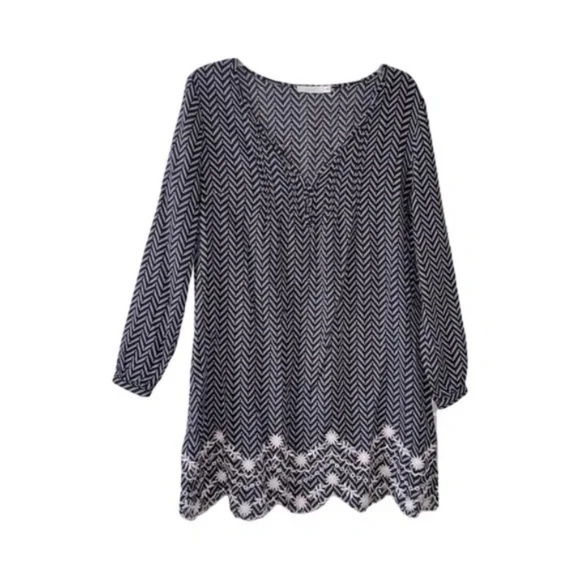 Lush | New Boho Embroidered Floral Chevron V-Neck Long Sleeve Dress, Small - Picture 1 of 7
